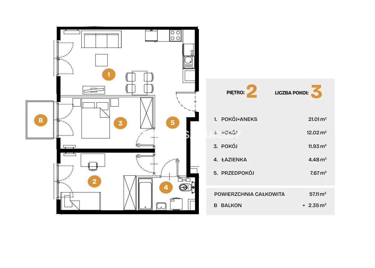 3 pokoje, mieszkanie 57,11 m², piętro 2, oferta nr , BS2-MS-308521-5, Kraków, Bronowice, Na Błonie
