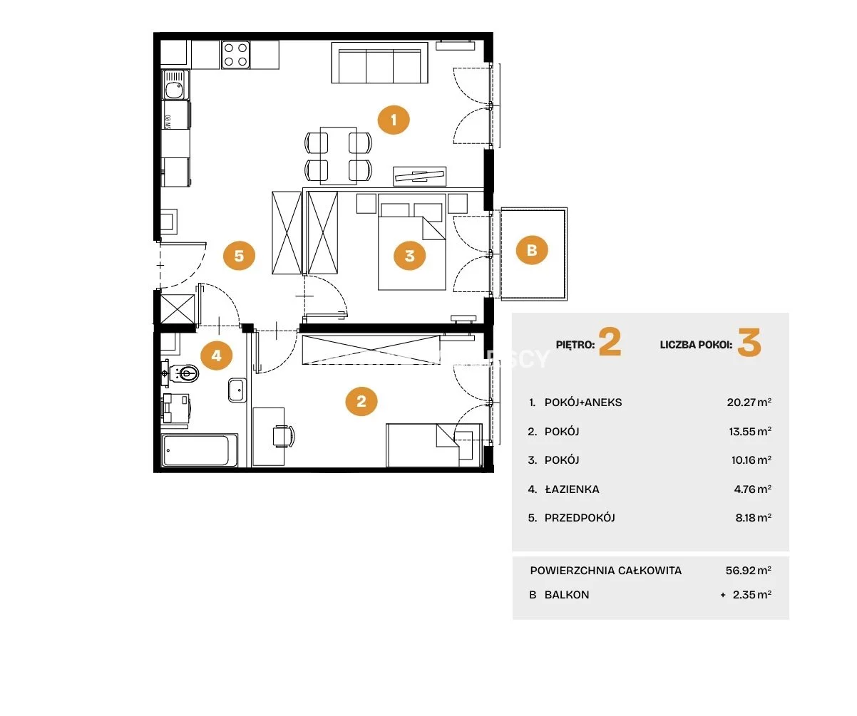 3 pokoje, mieszkanie 56,92 m², piętro 2, oferta nr , BS2-MS-308555-5, Kraków, Bronowice, Na Błonie