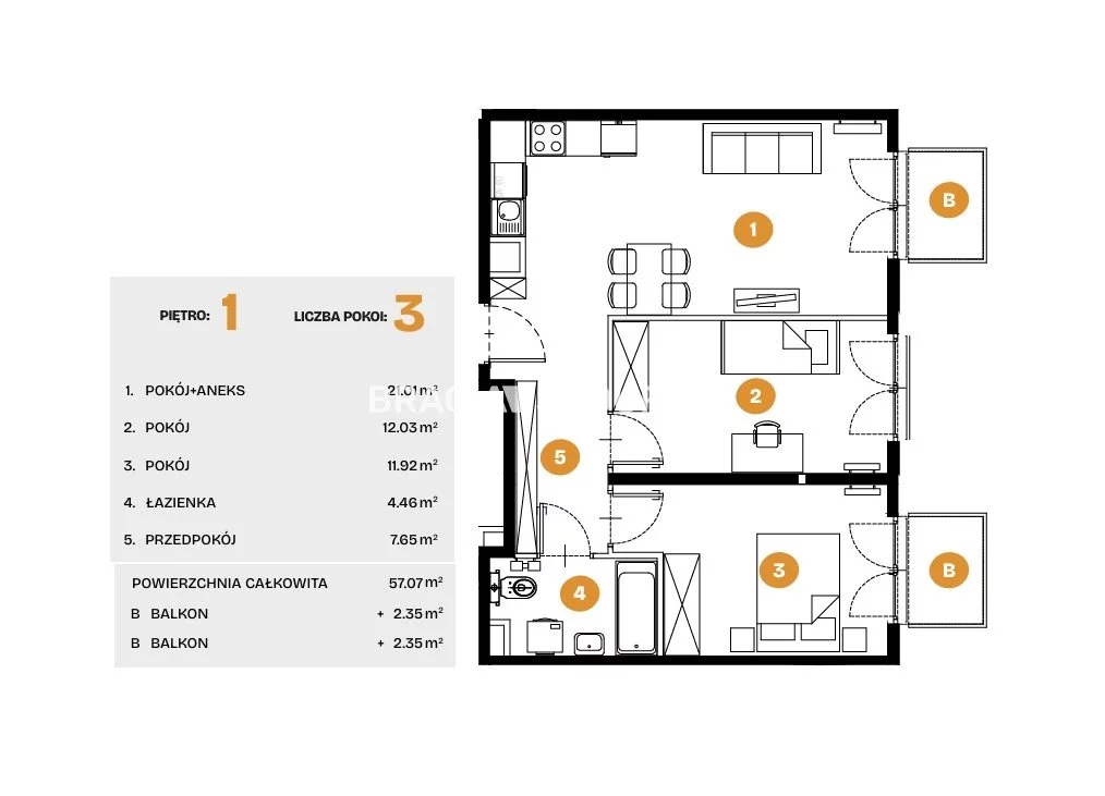 3 pokoje, mieszkanie 57,07 m², piętro 1, oferta nr , BS2-MS-308268-5, Kraków, Bronowice, Na Błonie
