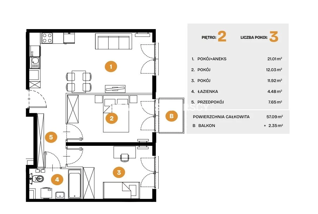 3 pokoje, mieszkanie 57,09 m², piętro 2, oferta nr , BS2-MS-308283-5, Kraków, Bronowice, Na Błonie
