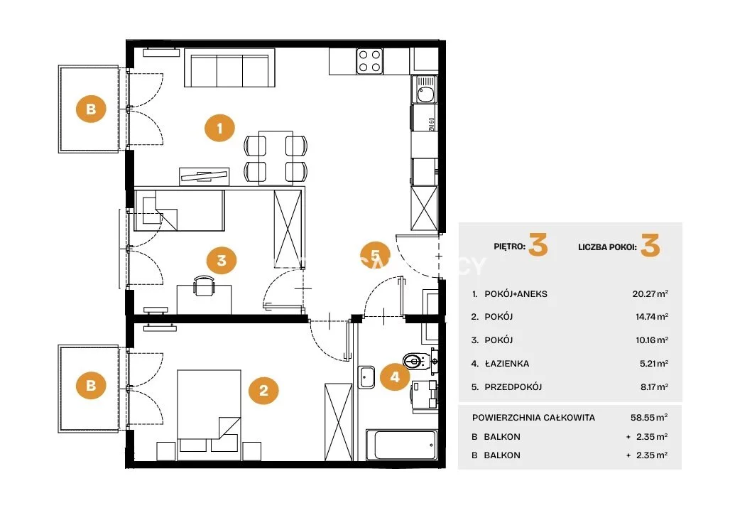 3 pokoje, mieszkanie 58,55 m², piętro 3, oferta nr , BS2-MS-308296-5, Kraków, Bronowice, Na Błonie