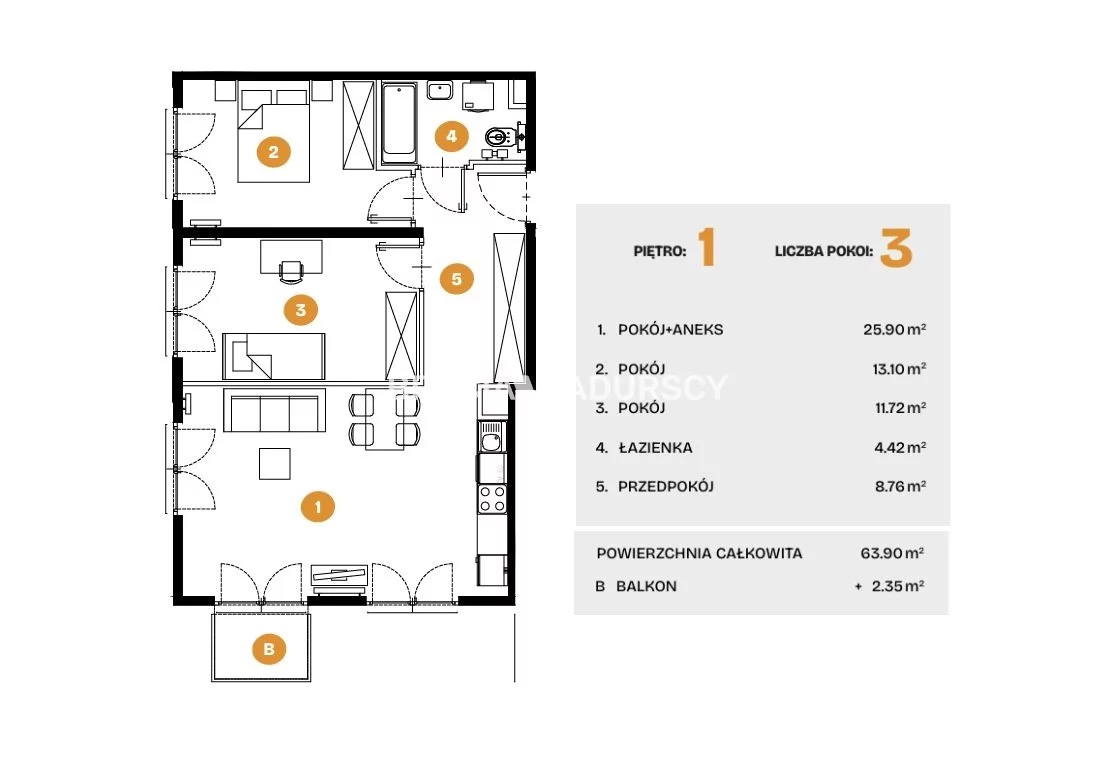 3 pokoje, mieszkanie 63,90 m², piętro 1, oferta nr , BS2-MS-308506-5, Kraków, Bronowice, Na Błonie
