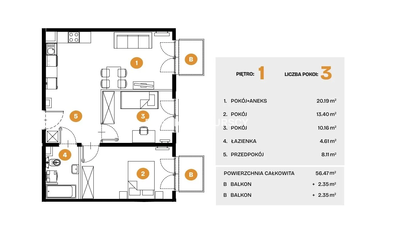 3 pokoje, mieszkanie 56,47 m², piętro 1, oferta nr , BS2-MS-308511-5, Kraków, Bronowice, Na Błonie