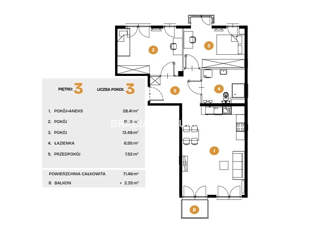 3 pokoje, mieszkanie 71,46 m², piętro 3, oferta nr , BS2-MS-308558-5, Kraków, Bronowice, Na Błonie
