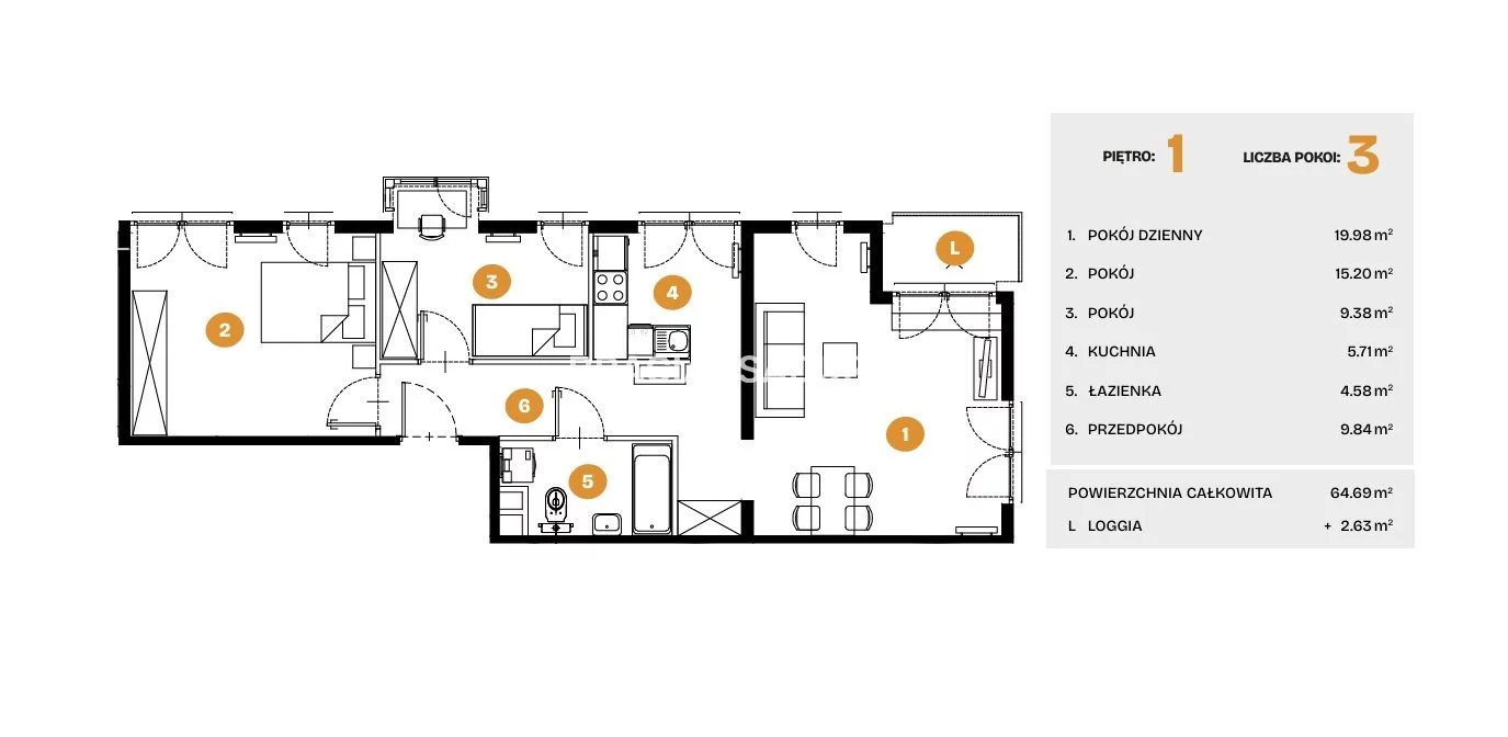 3 pokoje, mieszkanie 64,69 m², piętro 1, oferta nr , BS2-MS-308261-5, Kraków, Bronowice, Na Błonie