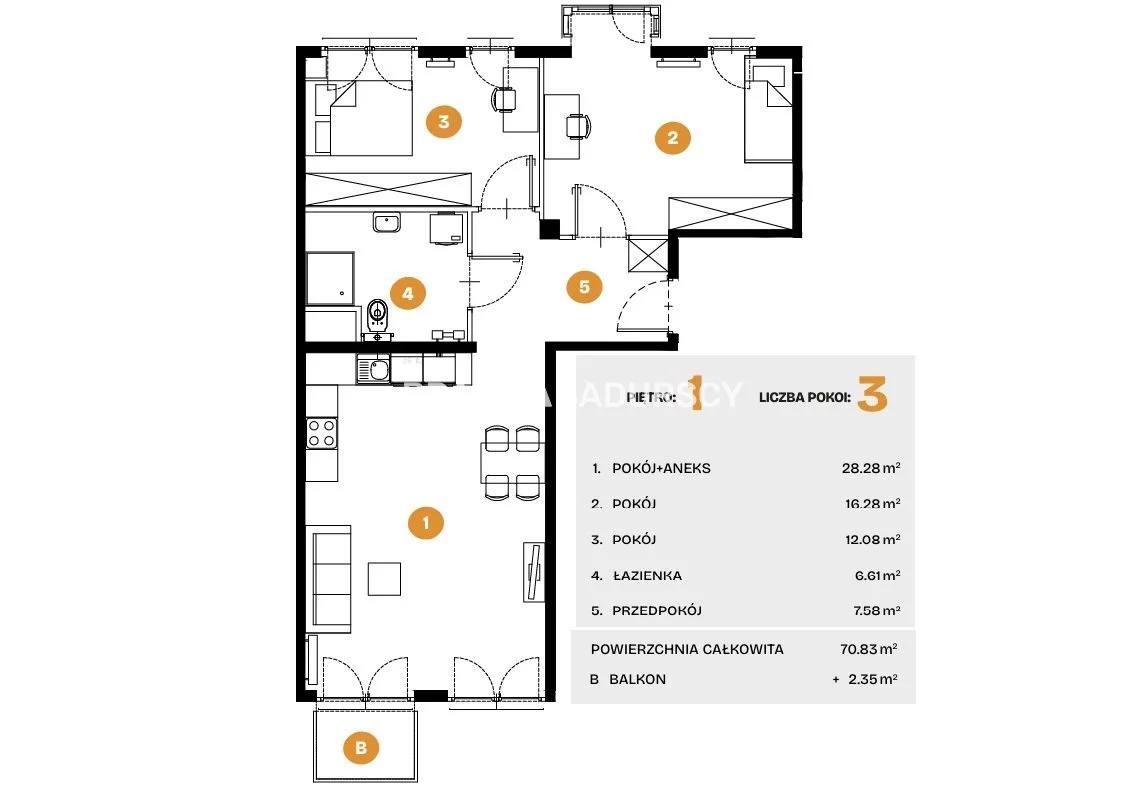 3 pokoje, mieszkanie 70,83 m², piętro 1, oferta nr , BS2-MS-308260-5, Kraków, Bronowice, Na Błonie