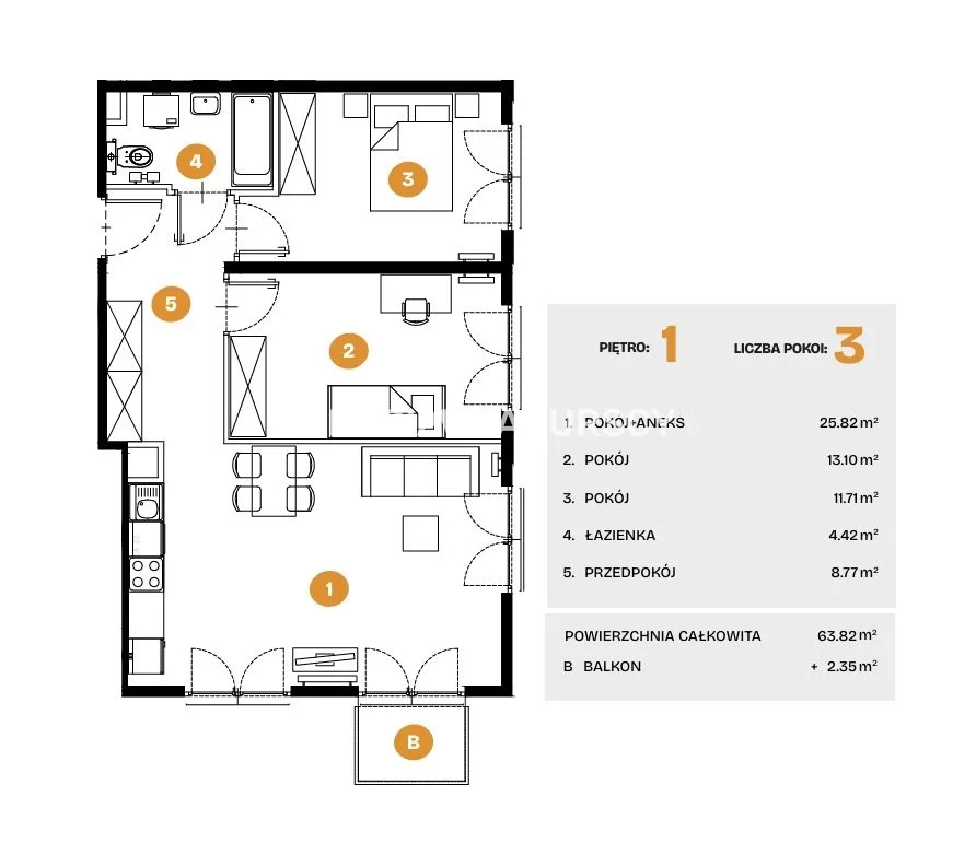 3 pokoje, mieszkanie 63,82 m², piętro 1, oferta nr , BS2-MS-308269-6, Kraków, Bronowice, Na Błonie
