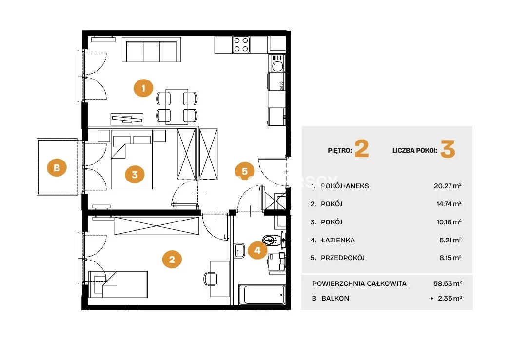 3 pokoje, mieszkanie 58,53 m², piętro 2, oferta nr , BS2-MS-308287-6, Kraków, Bronowice, Na Błonie