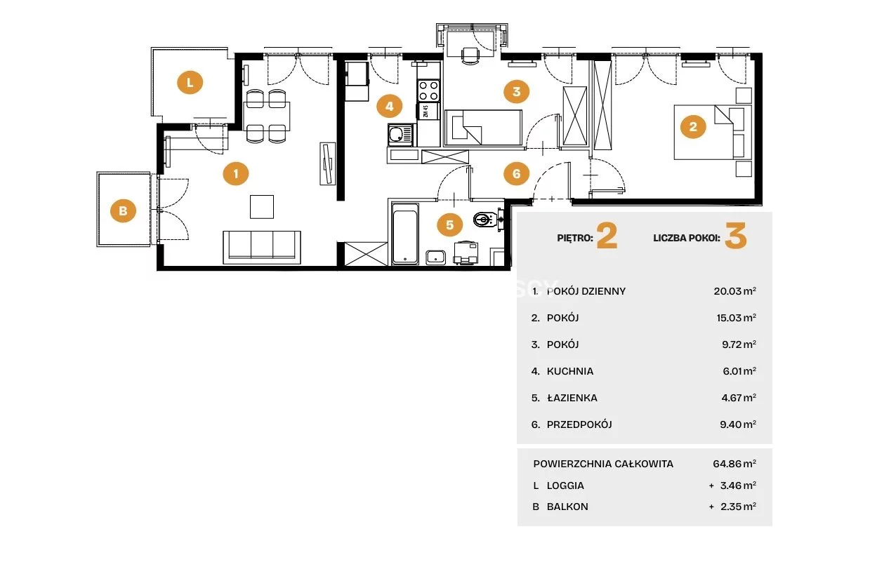 3 pokoje, mieszkanie 64,86 m², piętro 2, oferta nr , BS2-MS-308514-6, Kraków, Bronowice, Na Błonie