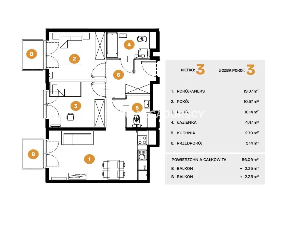 3 pokoje, mieszkanie 56,09 m², piętro 3, oferta nr , BS2-MS-308564-6, Kraków, Bronowice, Na Błonie