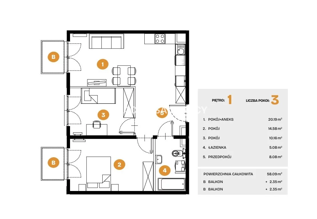 3 pokoje, mieszkanie 58,09 m², piętro 1, oferta nr , BS2-MS-308274-6, Kraków, Bronowice, Na Błonie