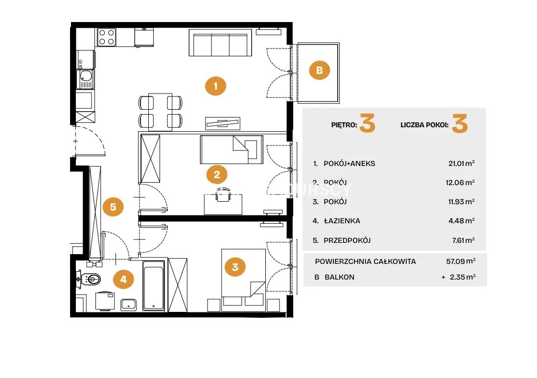 3 pokoje, mieszkanie 57,09 m², piętro 3, oferta nr , BS2-MS-308294-6, Kraków, Bronowice, Na Błonie