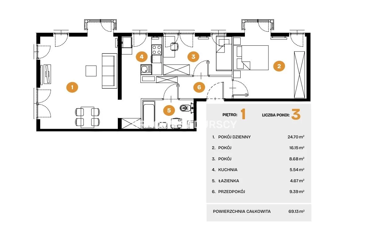 3 pokoje, mieszkanie 69,13 m², piętro 1, oferta nr , BS2-MS-308499-6, Kraków, Bronowice, Na Błonie