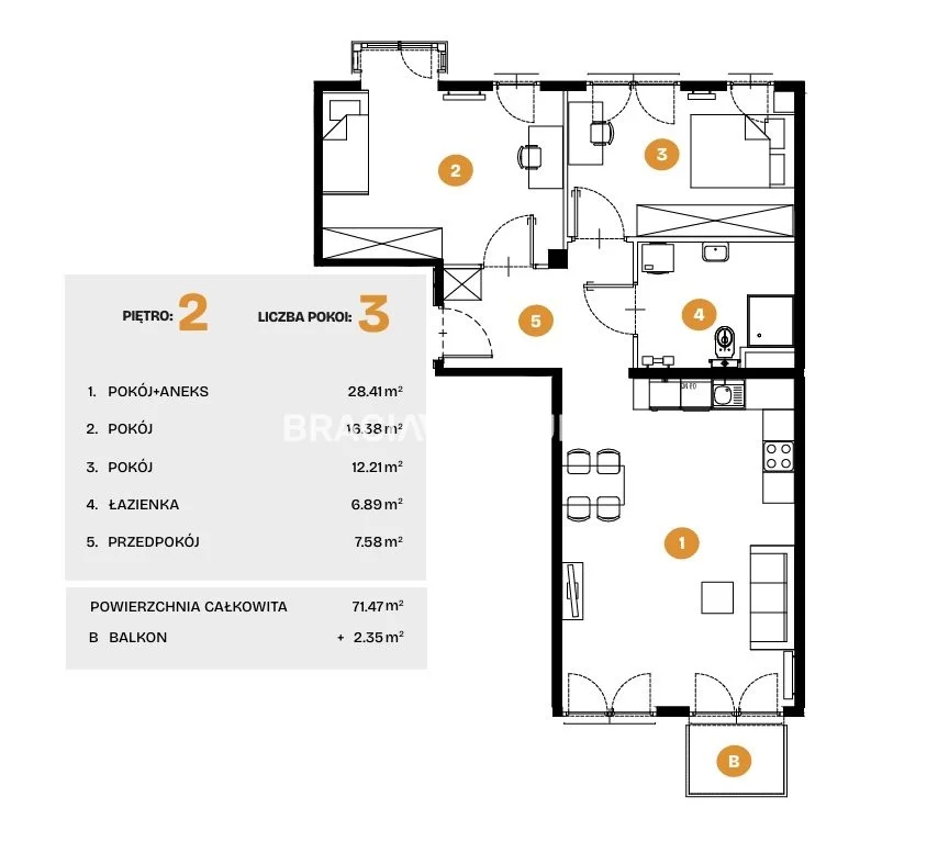 3 pokoje, mieszkanie 71,47 m², piętro 2, oferta nr , BS2-MS-308513-6, Kraków, Bronowice, Na Błonie