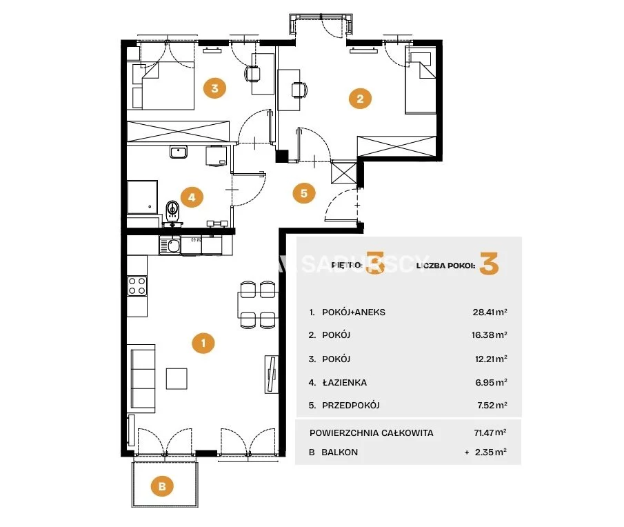 3 pokoje, mieszkanie 71,47 m², piętro 3, oferta nr , BS2-MS-308289-6, Kraków, Bronowice, Na Błonie