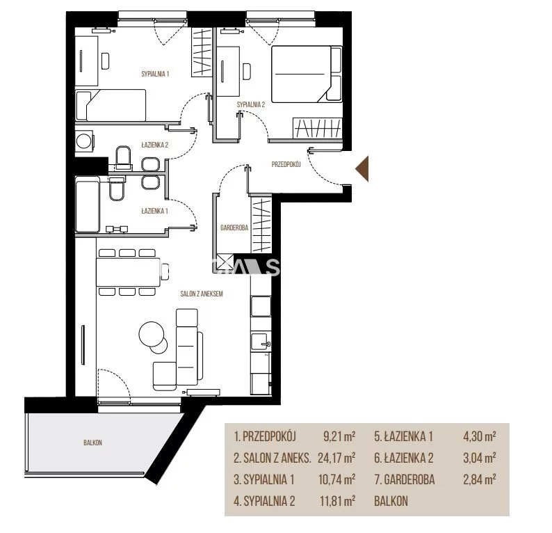 3 pokoje, mieszkanie 66,11 m², piętro 2, oferta nr , BS2-MS-305208-1, Kraków, Łagiewniki-Borek Fałęcki, Łagiewniki, Wadowicka