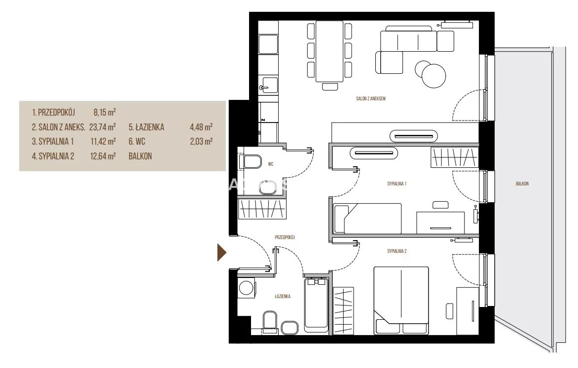 3 pokoje, mieszkanie 62,46 m², piętro 4, oferta nr , BS2-MS-305644, Kraków, Łagiewniki-Borek Fałęcki, Łagiewniki, Wadowicka