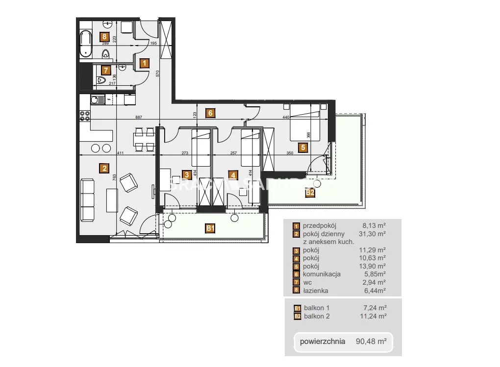 4 pokoje, mieszkanie 90,48 m², piętro 1, oferta nr , BS2-MS-307275-6, Kraków, Dębniki, Babińskiego