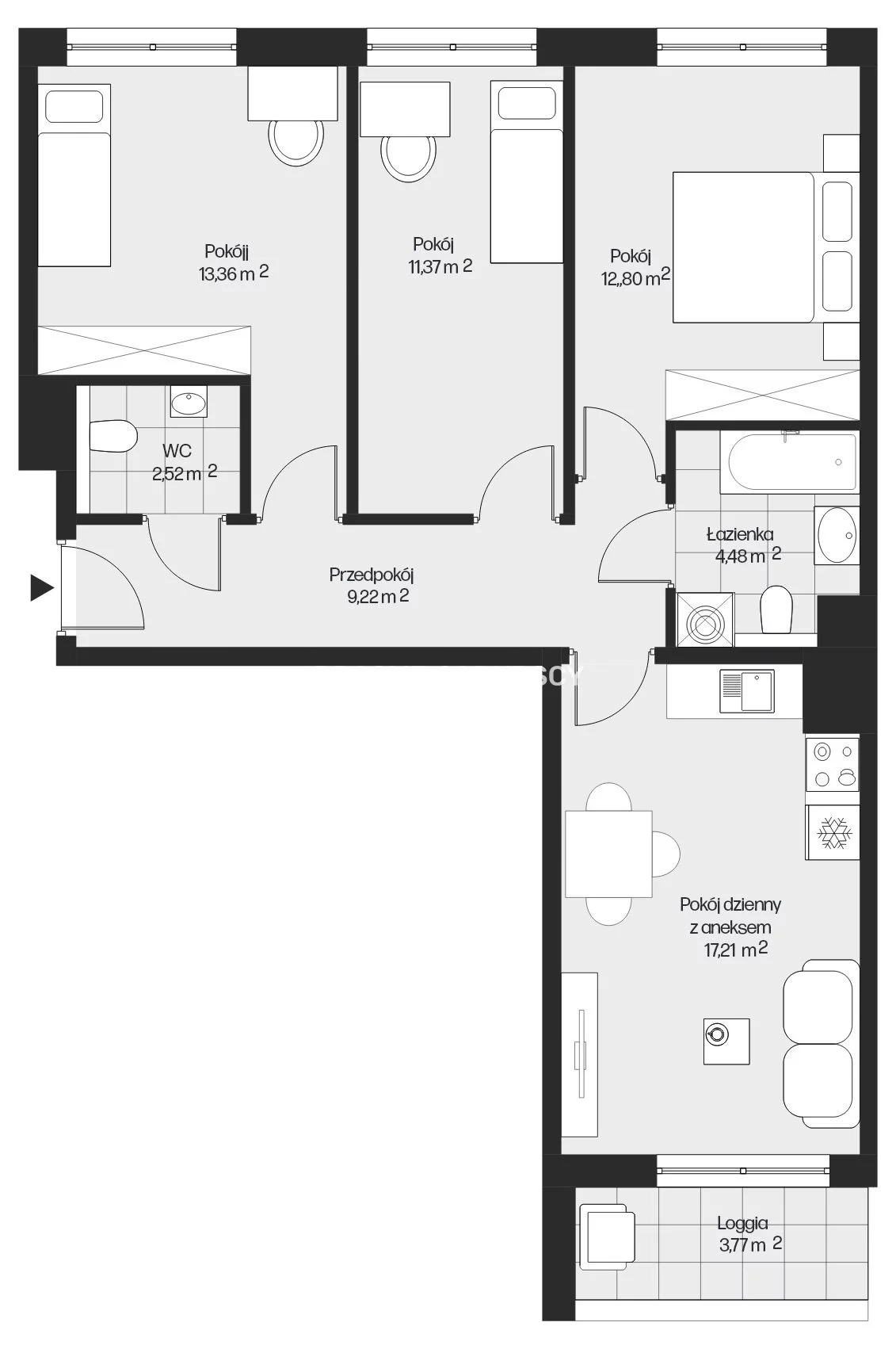 4 pokoje, mieszkanie 70,96 m², piętro 3, oferta nr , BS2-MS-301657-26, Kraków, Mistrzejowice, Piasta Kołodzieja