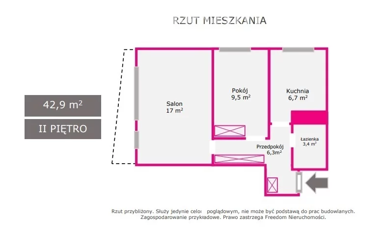 Mieszkanie na sprzedaż, 42,92 m², 2 pokoje, 2 piętro, oferta nr 34167/3685/OMS