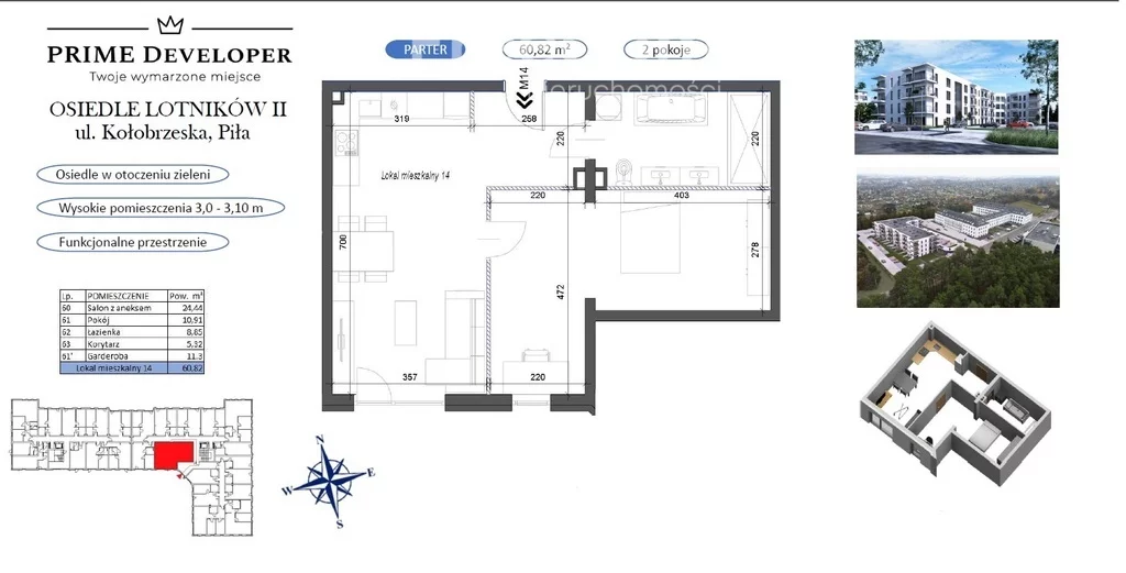 2 pokoje, mieszkanie 60,82 m², parter, oferta nr , 34074/3685/OMS, Piła, Kołobrzeska