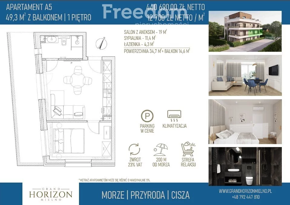 2 pokoje, mieszkanie 37,20 m², piętro 2, oferta nr , 38749/3685/OMS, Mielno