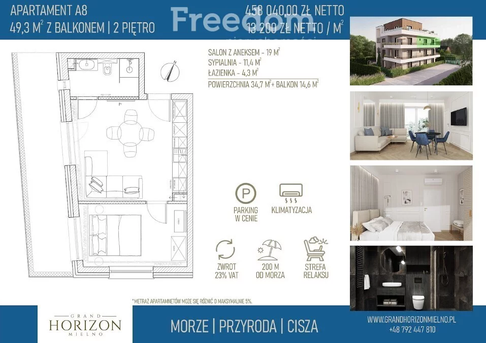 2 pokoje, mieszkanie 37,20 m², piętro 2, oferta nr , 38749/3685/OMS, Mielno