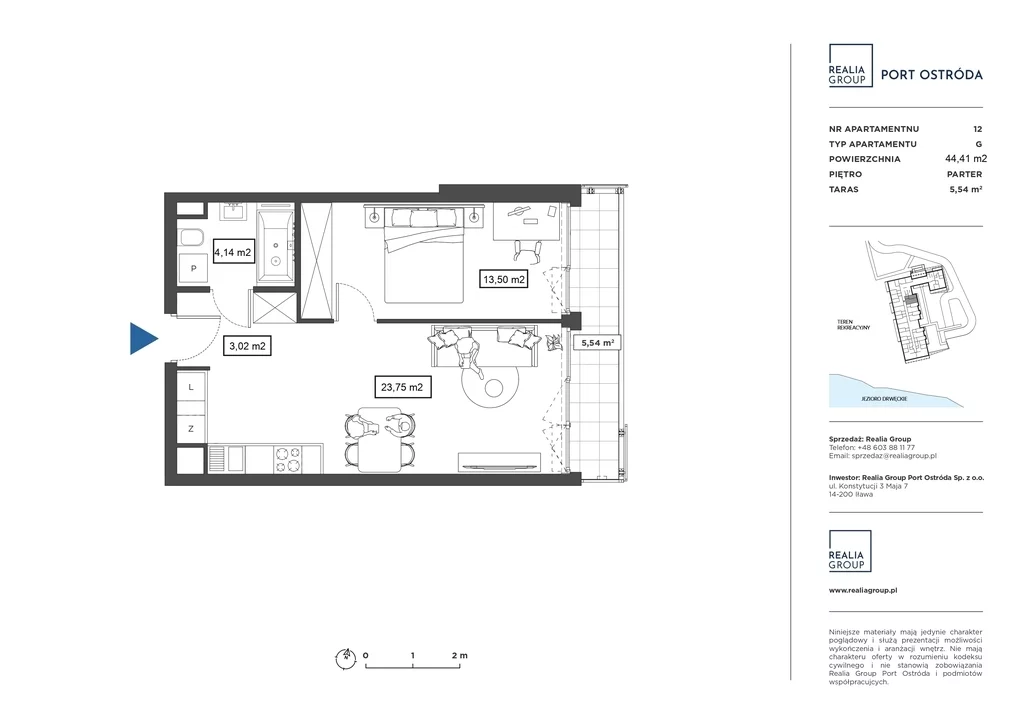 2 pokoje, mieszkanie 44,41 m², parter, oferta nr , 35543/3685/OMS, Ostróda, Turystyczna