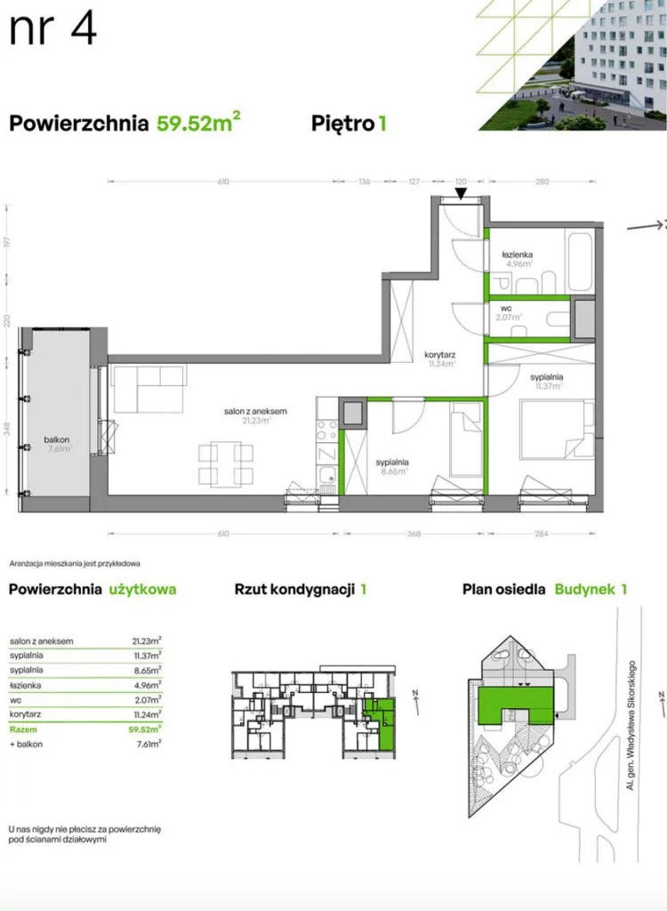 3 pokoje, mieszkanie 59,52 m², piętro 1, oferta nr , 28855/3685/OMS, Warszawa, Mokotów, Mokotów, al. gen. Władysława Sikorskiego