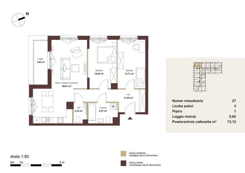 3 pokoje, mieszkanie 73,12 m², piętro 1, oferta nr , 38682/3685/OMS, Jabłonna