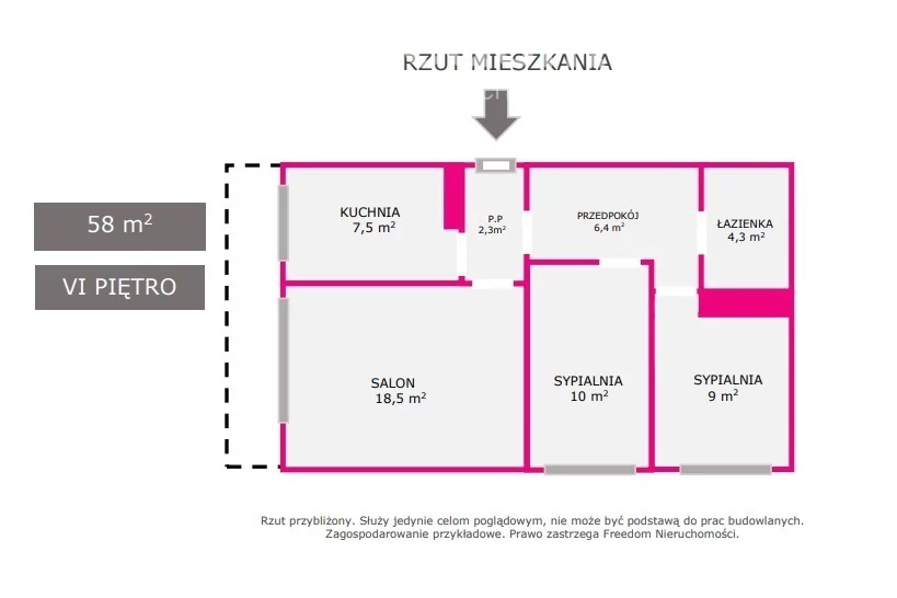 Mieszkanie na sprzedaż, 58,00 m², 3 pokoje, 6 piętro, oferta nr 33163/3685/OMS