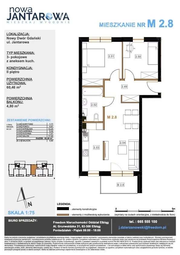 Mieszkanie na sprzedaż, 60,46 m², 3 pokoje, 2 piętro, oferta nr 36903/3685/OMS