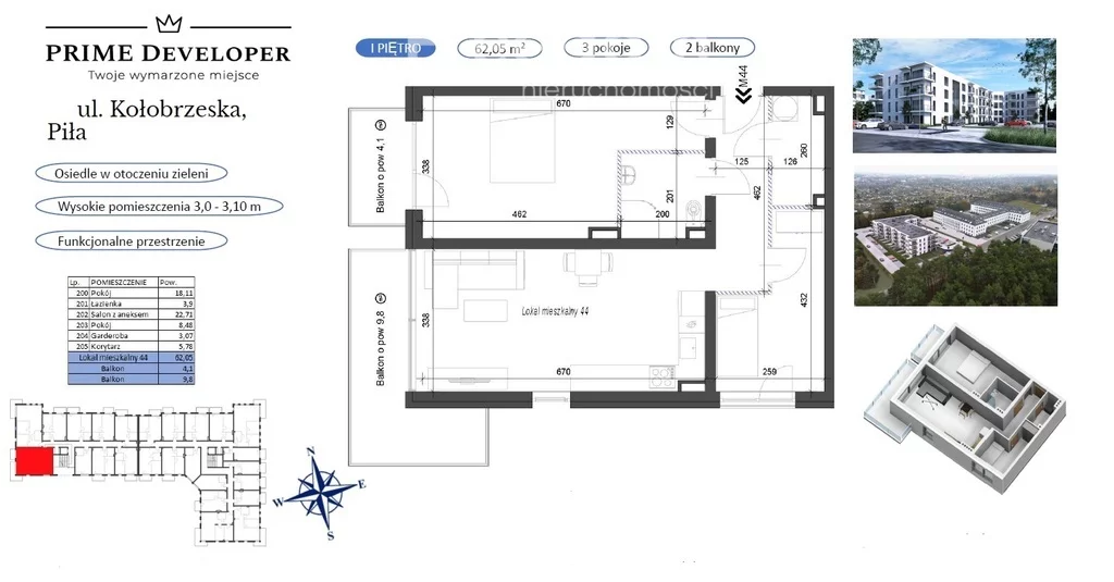 3 pokoje, mieszkanie 62,05 m², piętro 1, oferta nr , 34082/3685/OMS, Piła, Kołobrzeska
