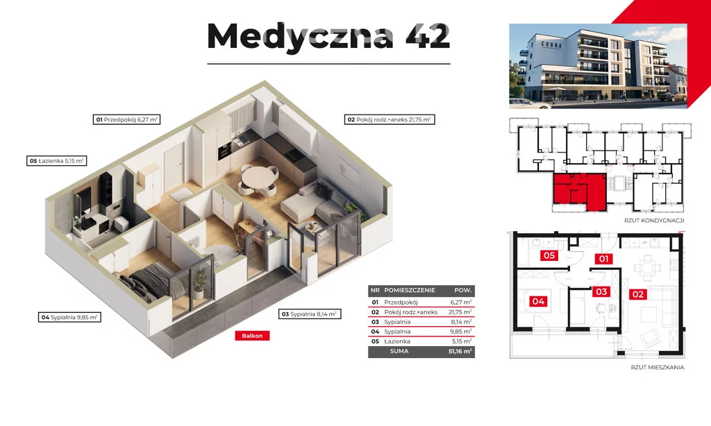 Mieszkanie trzypokojowe 51,16 m², Piła, Górne, Medyczna, Sprzedaż