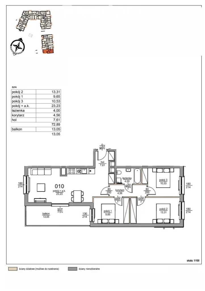 Mieszkanie na sprzedaż, 72,89 m², 4 pokoje, 1 piętro, oferta nr 37211/3685/OMS