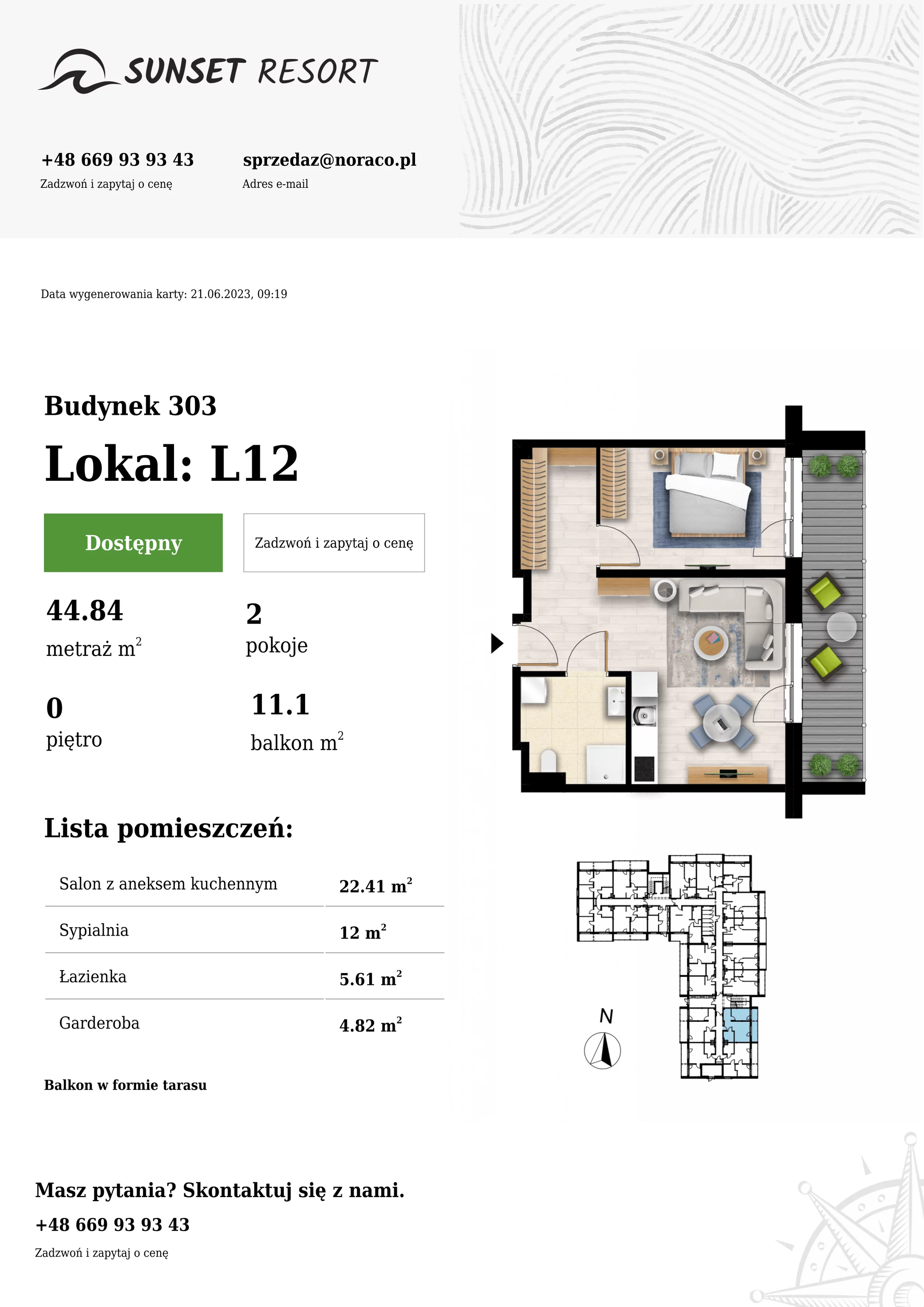 Apartament 44,84 m², parter, oferta nr L12, Sunset Resort, Grzybowo, ul. Nadmorska 106