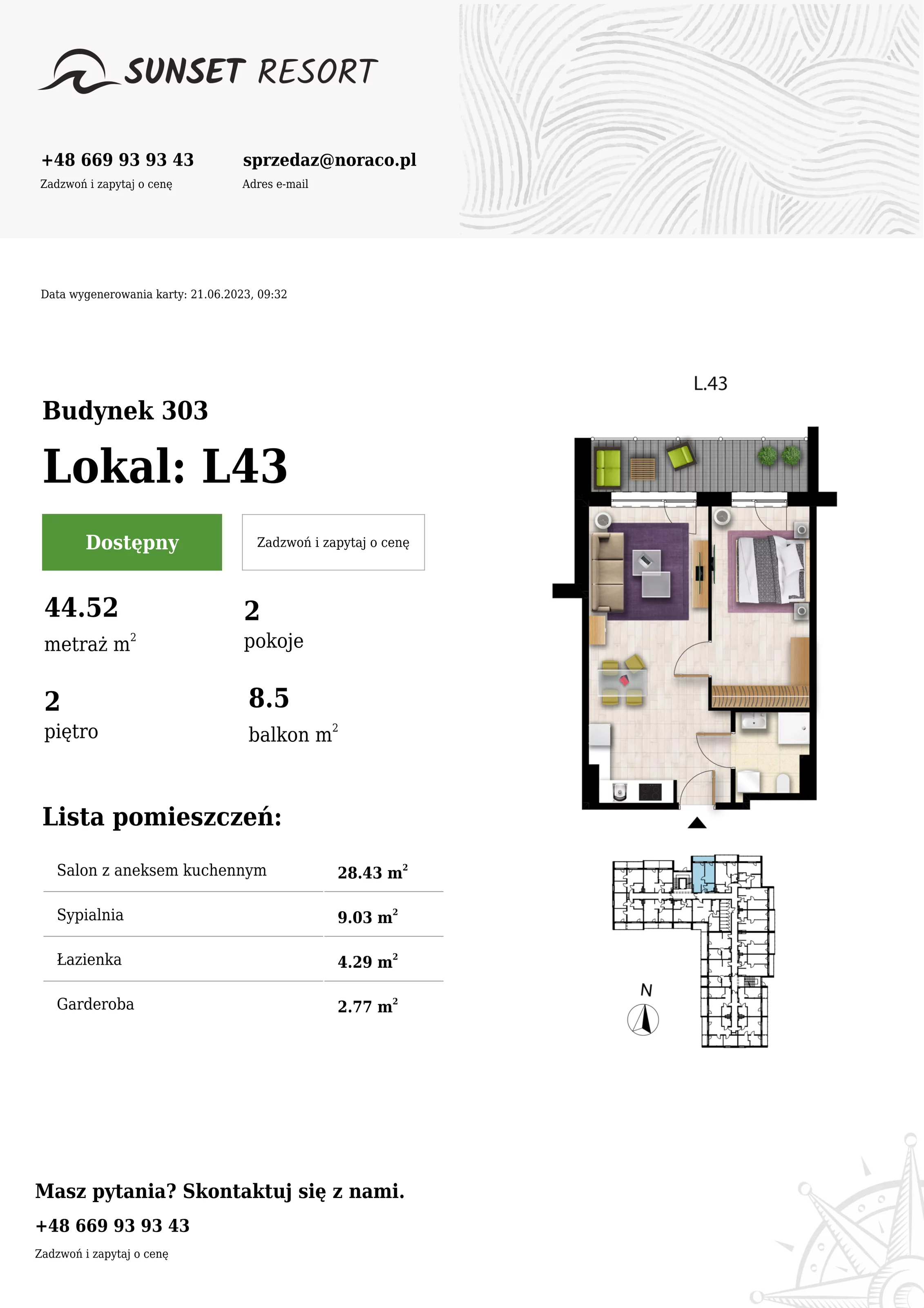 Apartament 44,52 m², piętro 2, oferta nr L43, Sunset Resort, Grzybowo, ul. Nadmorska 106