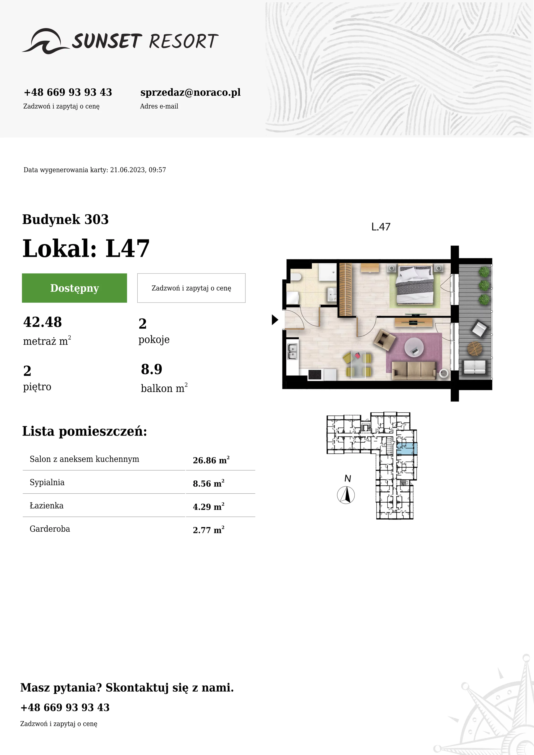 Apartament 42,48 m², piętro 2, oferta nr L47, Sunset Resort, Grzybowo, ul. Nadmorska 106