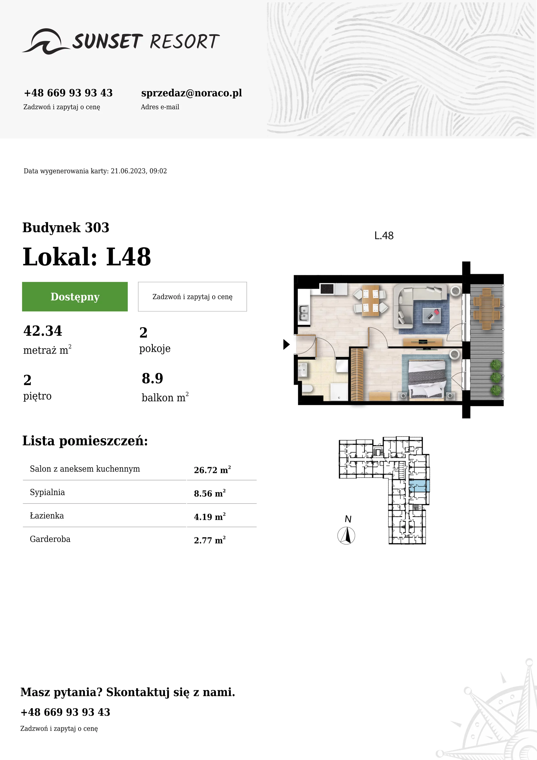 Apartament 42,34 m², piętro 2, oferta nr L48, Sunset Resort, Grzybowo, ul. Nadmorska 106