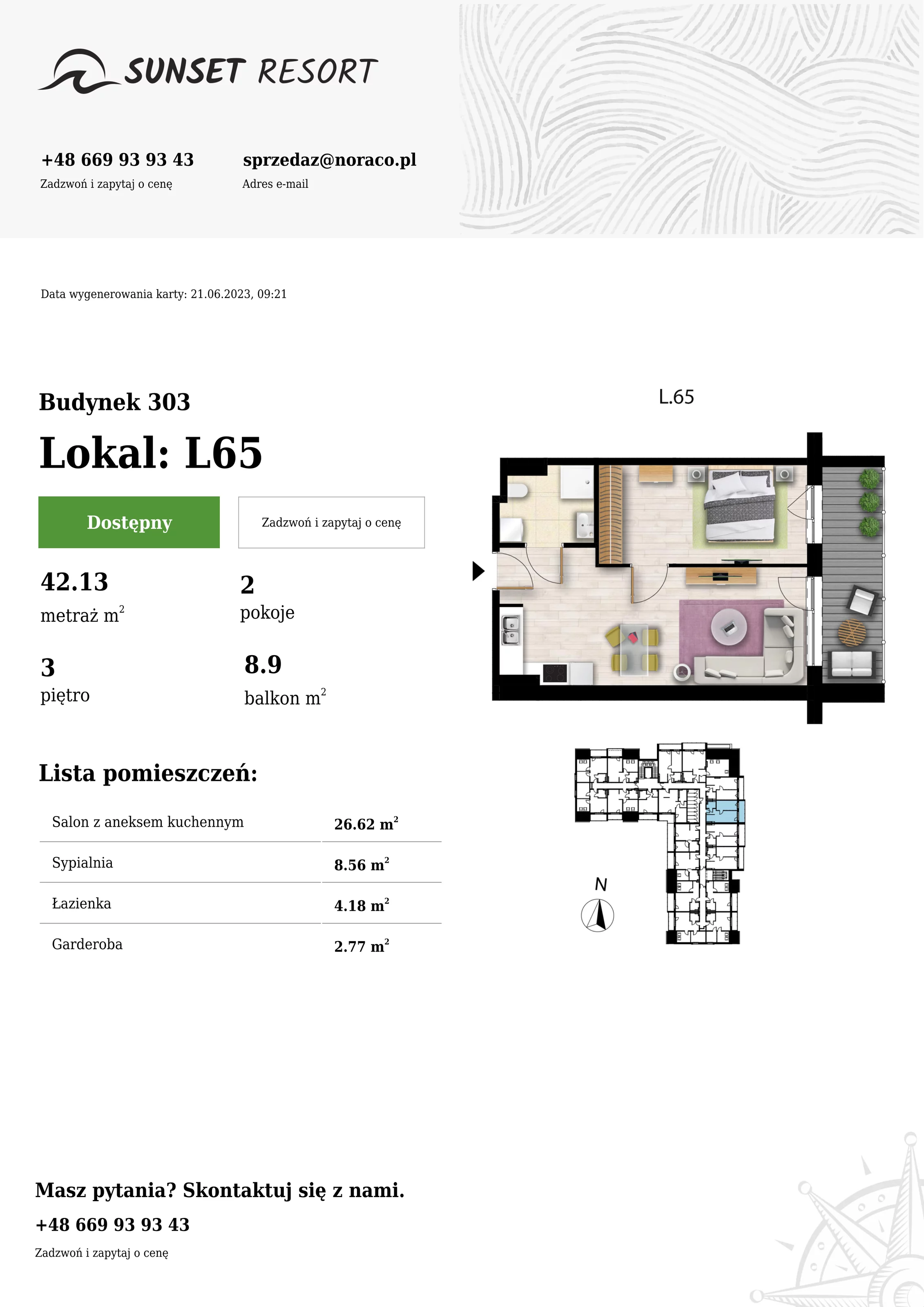 Apartament 42,13 m², piętro 3, oferta nr L65, Sunset Resort, Grzybowo, ul. Nadmorska 106