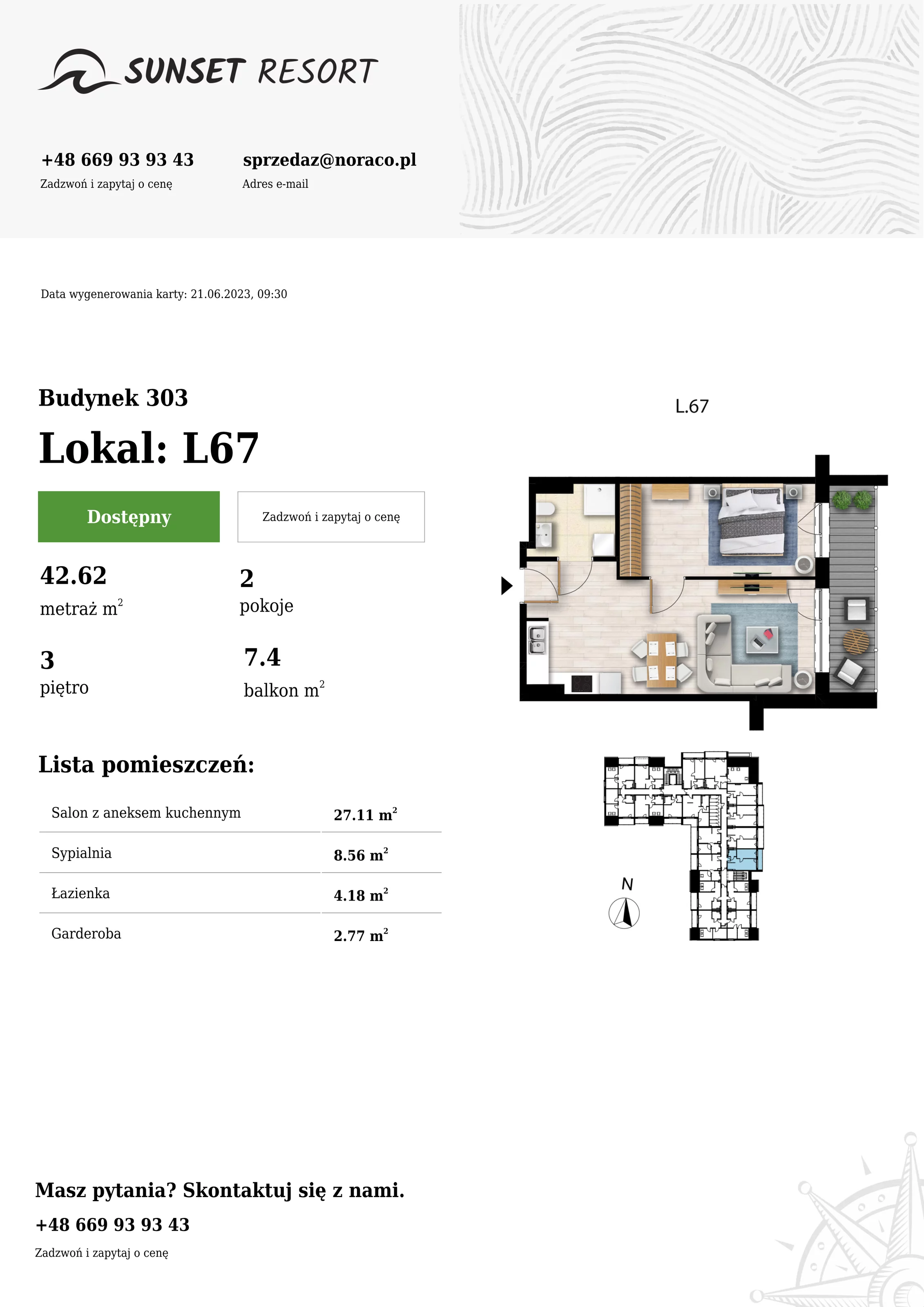 Apartament 42,62 m², piętro 3, oferta nr L67, Sunset Resort, Grzybowo, ul. Nadmorska 106