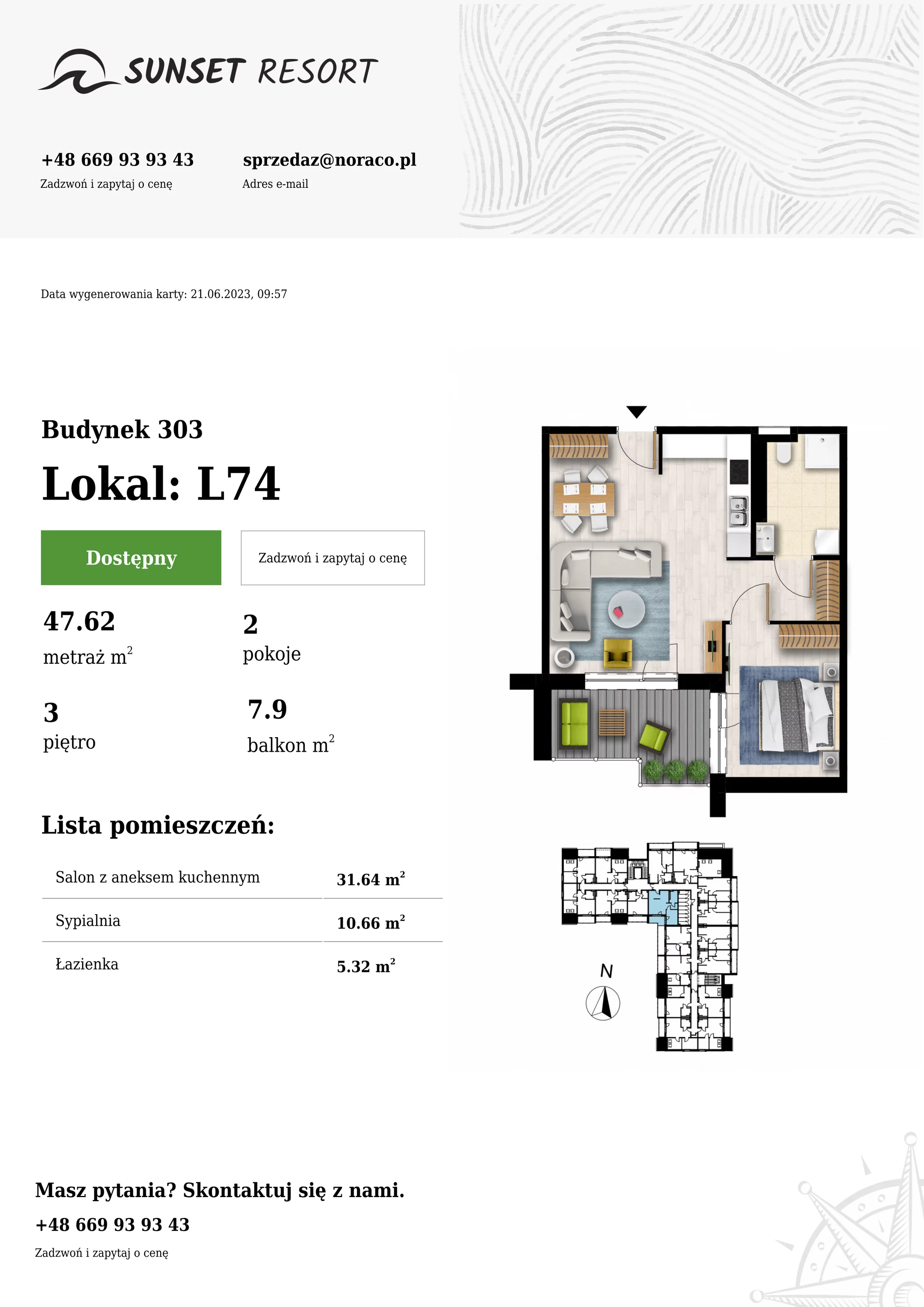 Apartament 47,62 m², piętro 3, oferta nr L74, Sunset Resort, Grzybowo, ul. Nadmorska 106