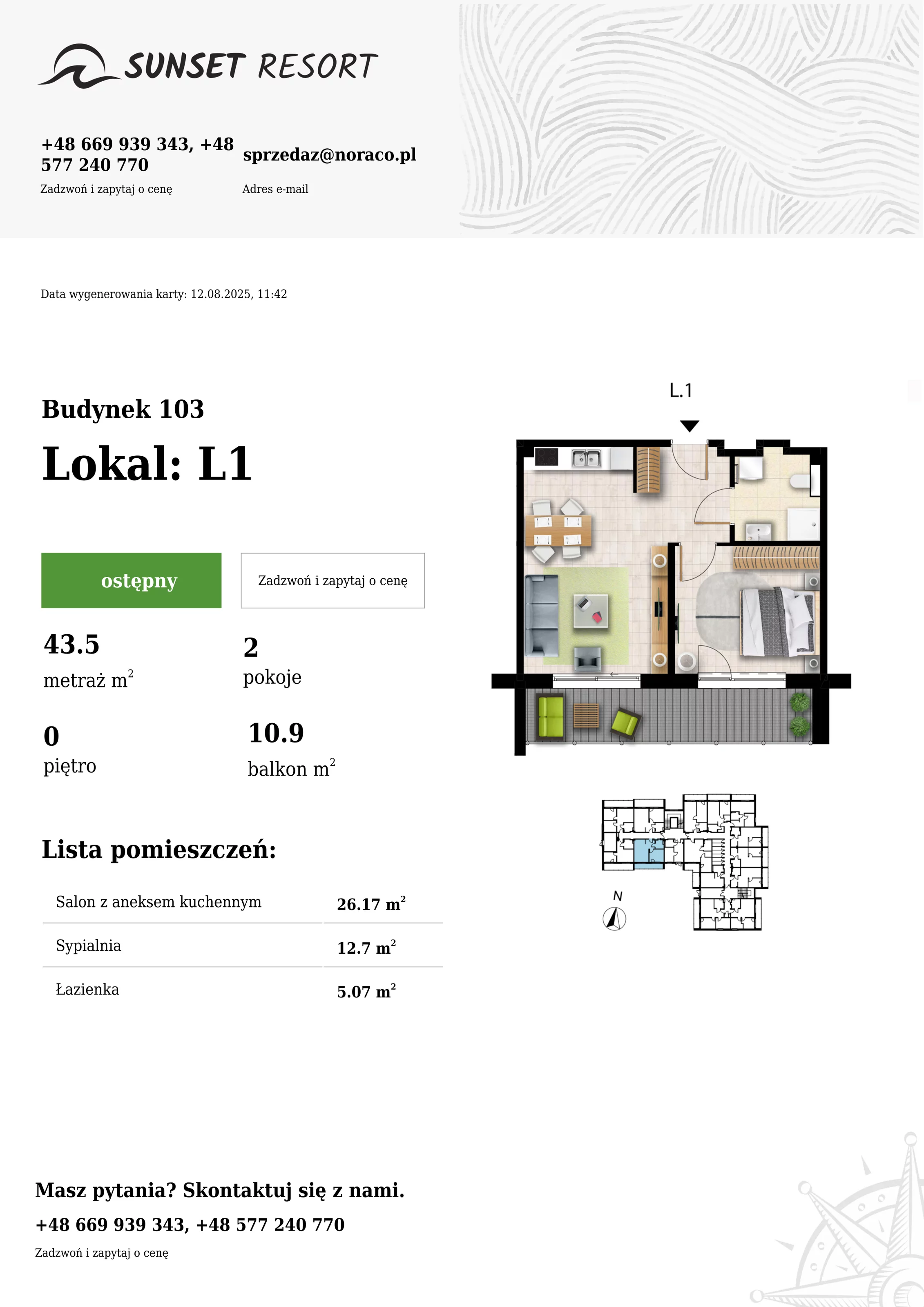 2 pokoje, apartament 43,50 m², parter, oferta nr 103-L1, Sunset Resort, Grzybowo, ul. Nadmorska 106