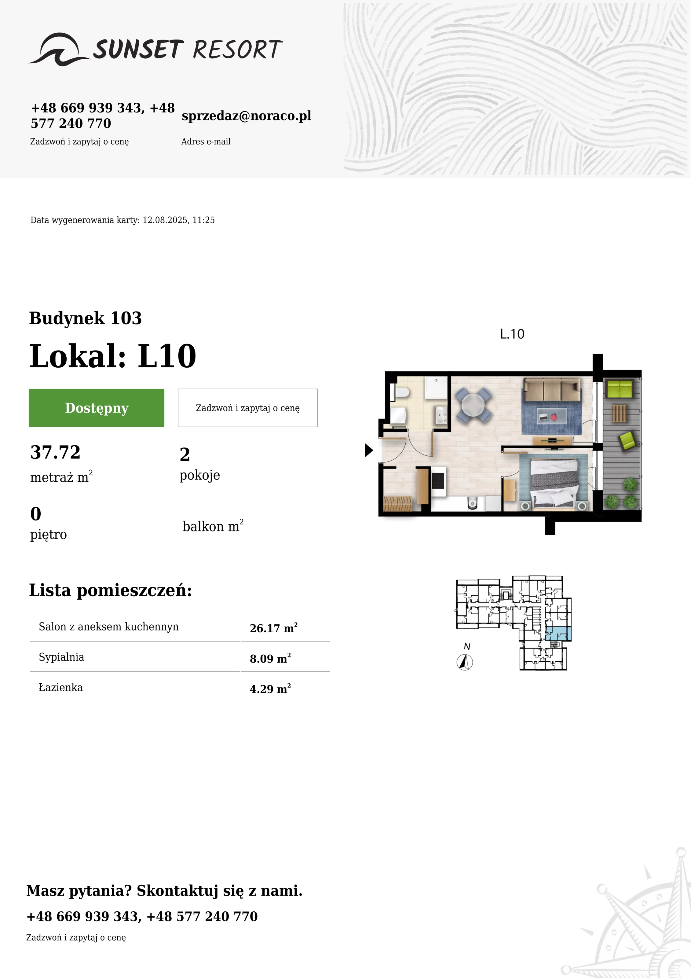 2 pokoje, apartament 37,72 m², parter, oferta nr 103-L10, Sunset Resort, Grzybowo, ul. Nadmorska 106