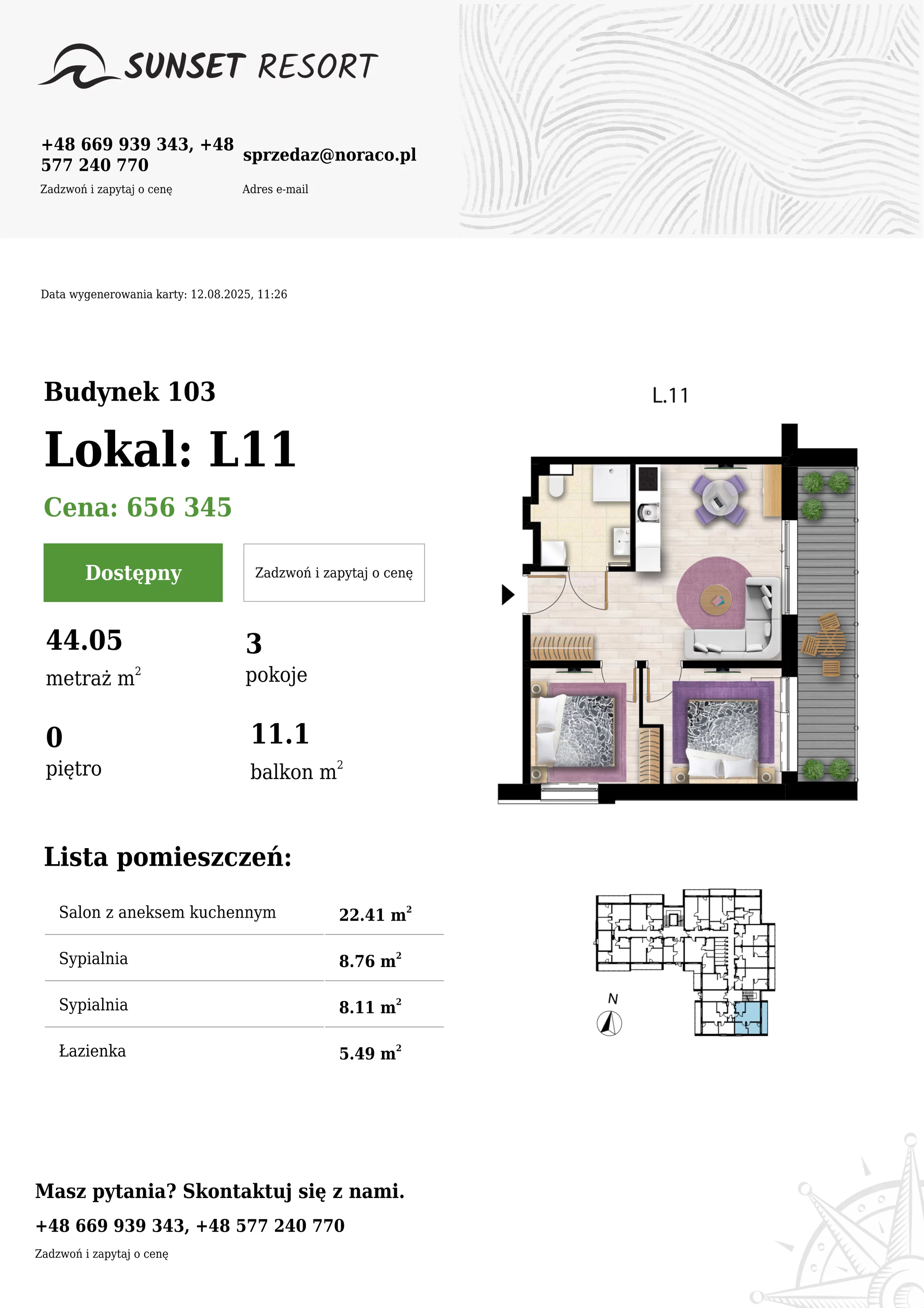 3 pokoje, apartament 44,05 m², parter, oferta nr 103-L11, Sunset Resort, Grzybowo, ul. Nadmorska 106