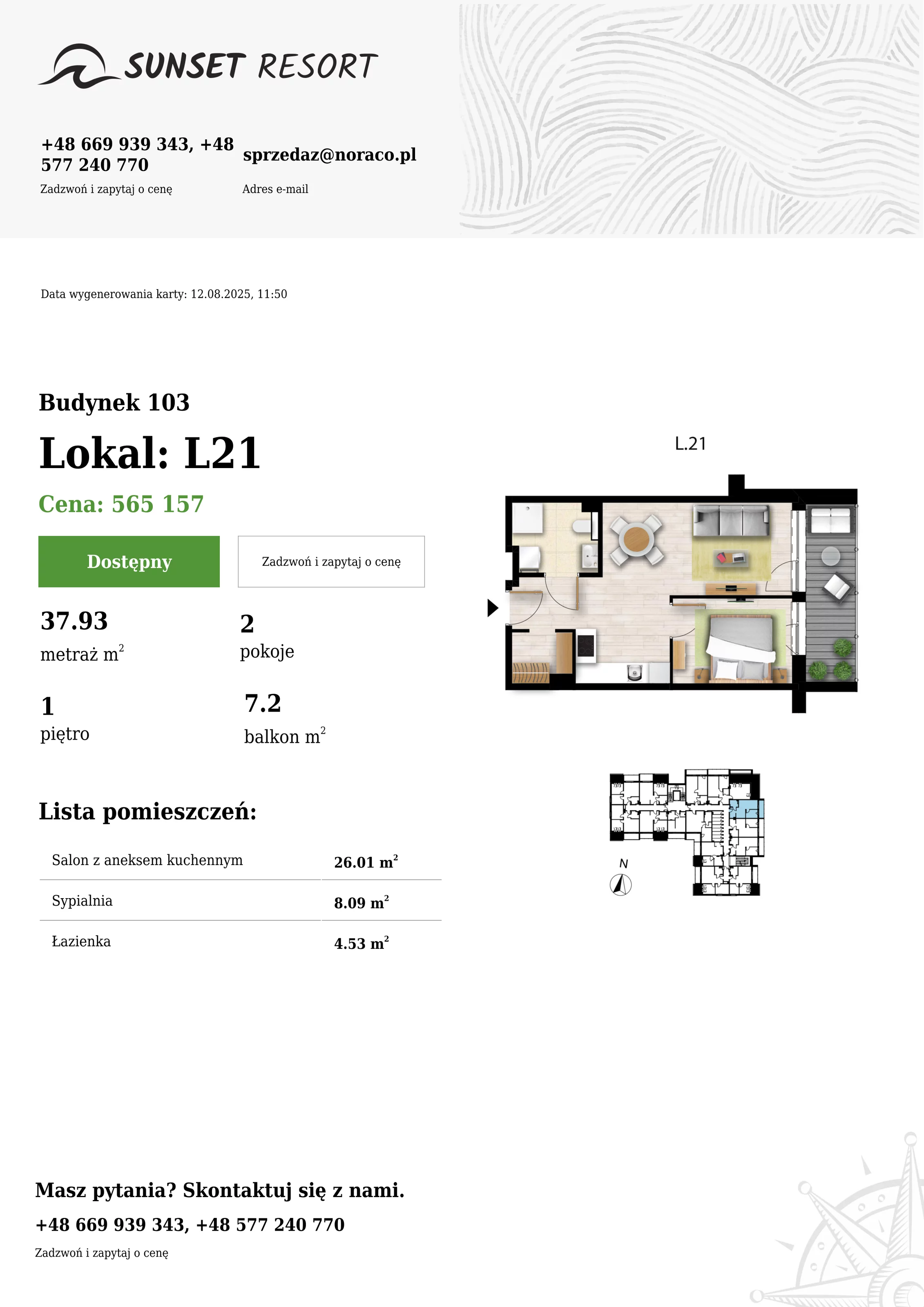 2 pokoje, apartament 37,93 m², piętro 1, oferta nr 103-L21, Sunset Resort, Grzybowo, ul. Nadmorska 106
