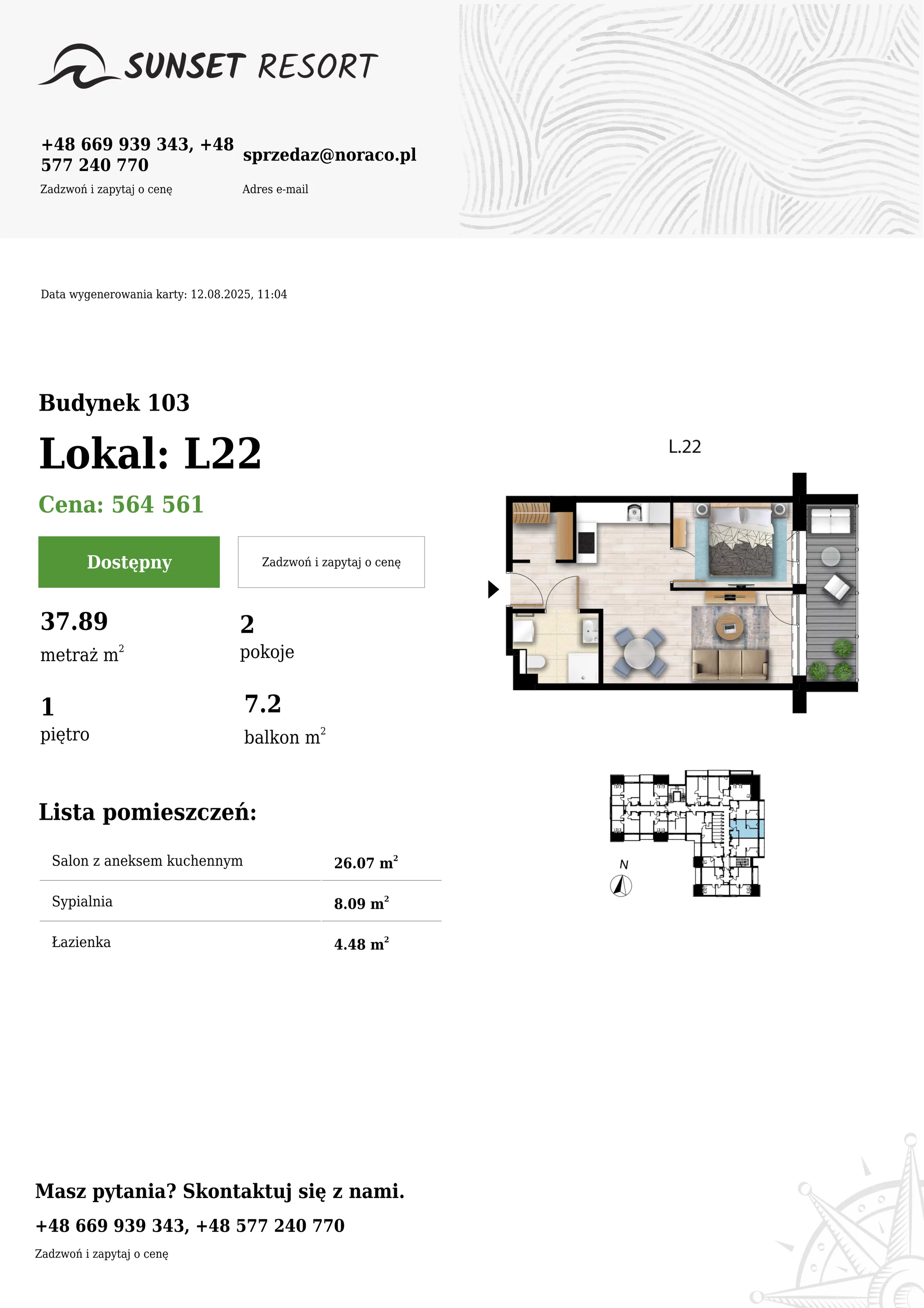 2 pokoje, apartament 37,89 m², piętro 1, oferta nr 103-L22, Sunset Resort, Grzybowo, ul. Nadmorska 106