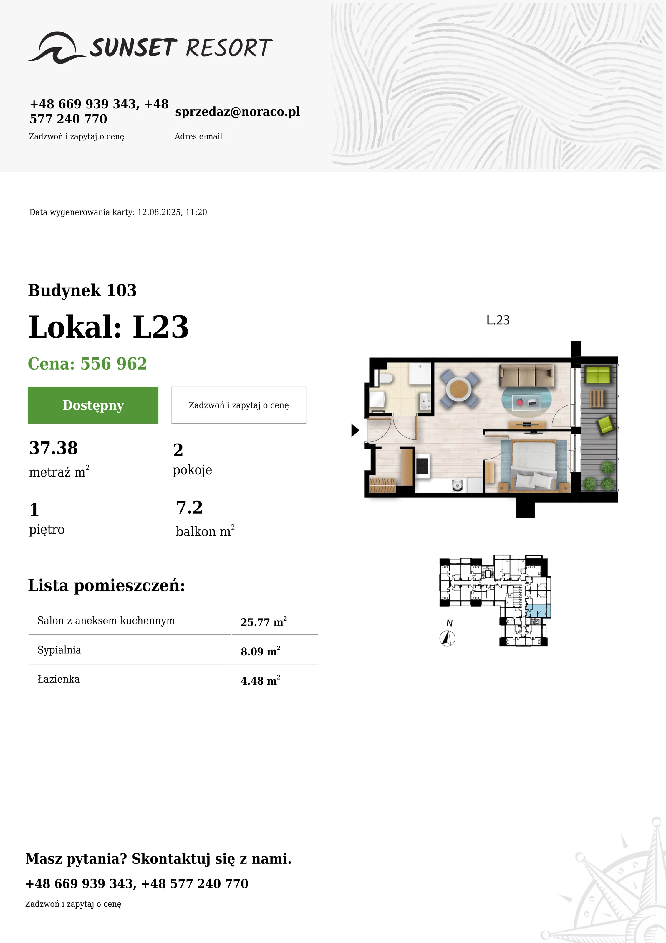 2 pokoje, apartament 37,38 m², piętro 1, oferta nr 103-L23, Sunset Resort, Grzybowo, ul. Nadmorska 106