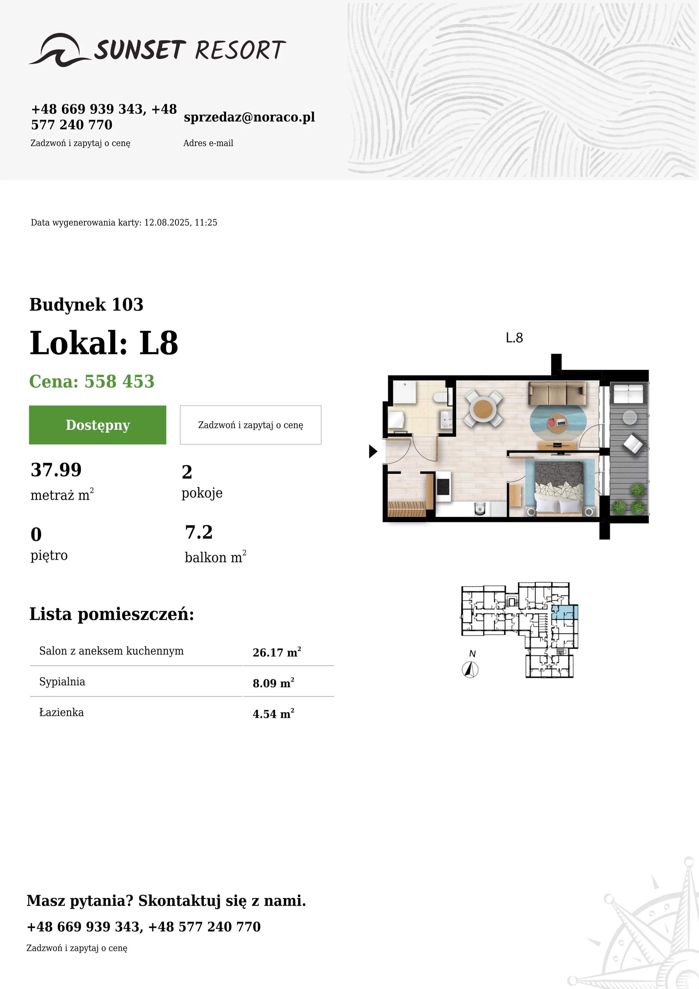 2 pokoje, apartament 37,99 m², parter, oferta nr 103-L8, Sunset Resort, Grzybowo, ul. Nadmorska 106