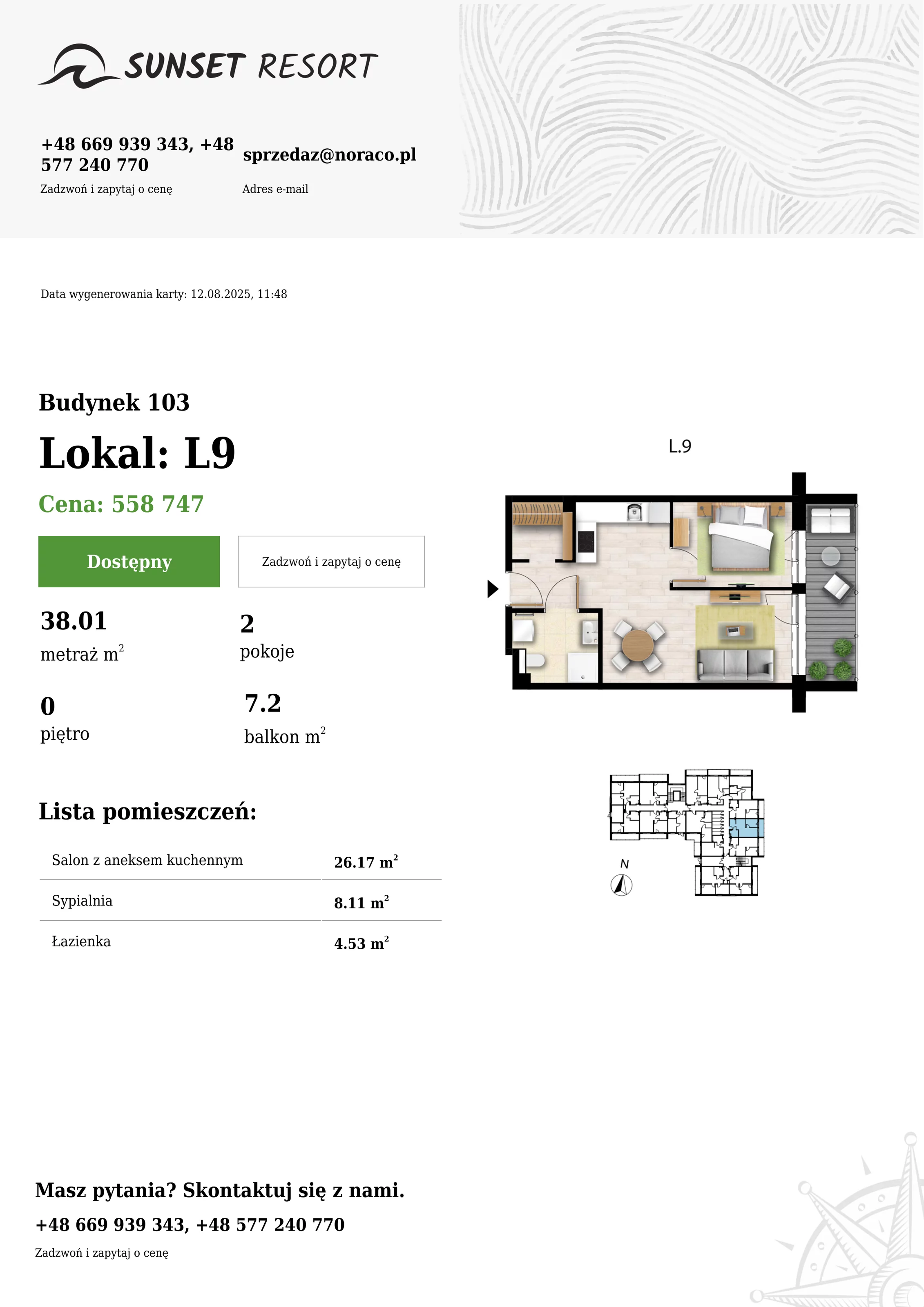 2 pokoje, apartament 38,01 m², parter, oferta nr 103-L9, Sunset Resort, Grzybowo, ul. Nadmorska 106